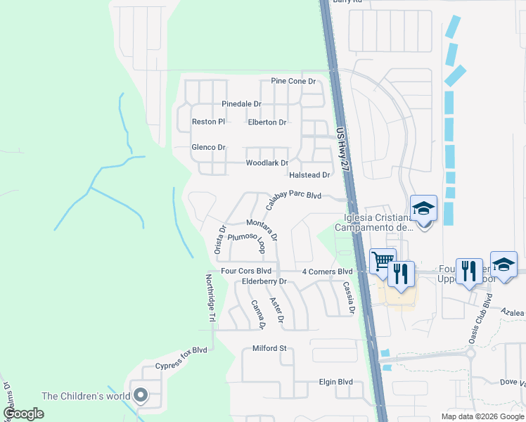 map of restaurants, bars, coffee shops, grocery stores, and more near 487 Calabay Parc Boulevard in Davenport