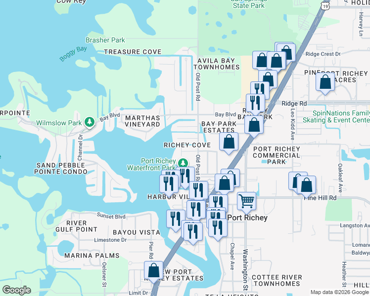 map of restaurants, bars, coffee shops, grocery stores, and more near 8212 Hayward Lane in Port Richey