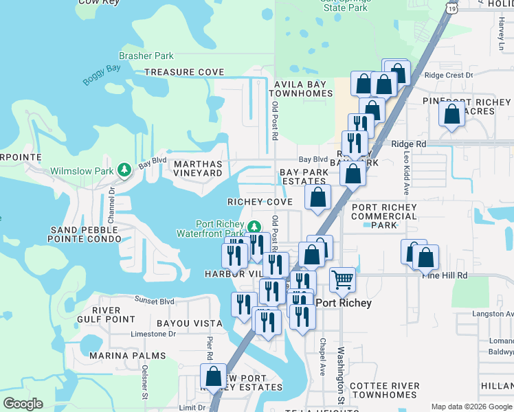 map of restaurants, bars, coffee shops, grocery stores, and more near 5415 Miles Boulevard in Port Richey