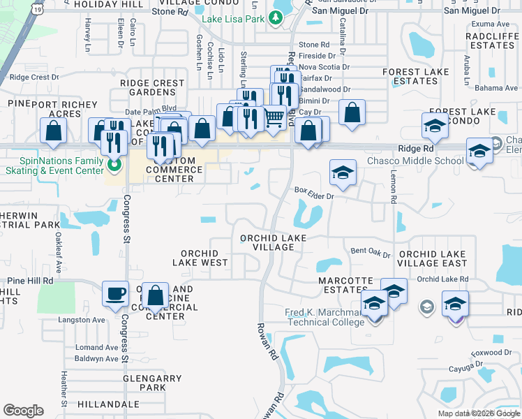 map of restaurants, bars, coffee shops, grocery stores, and more near 6927 Bramblewood Drive in Port Richey