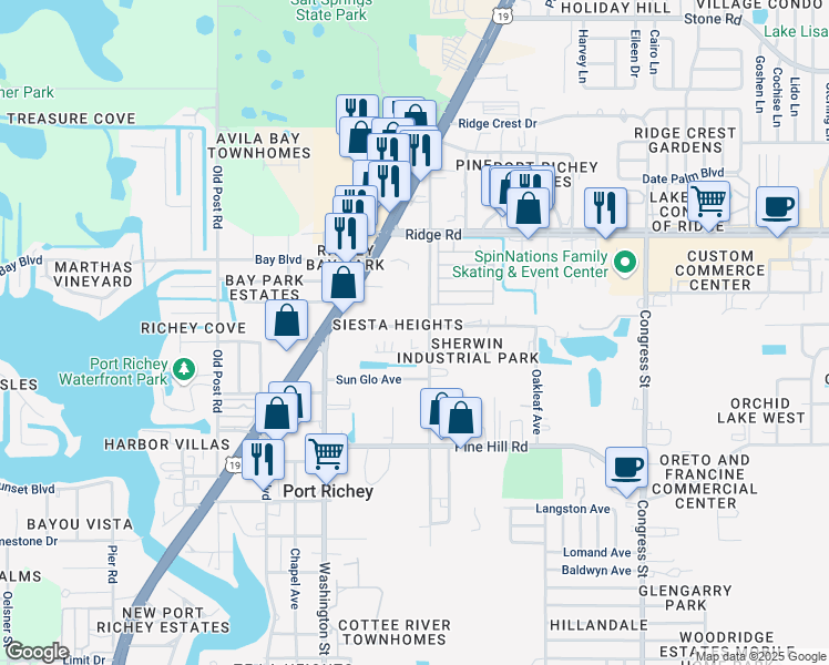 map of restaurants, bars, coffee shops, grocery stores, and more near 5934 Siesta Lane in Port Richey
