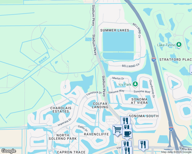 map of restaurants, bars, coffee shops, grocery stores, and more near 5300 Stadium Parkway in Rockledge