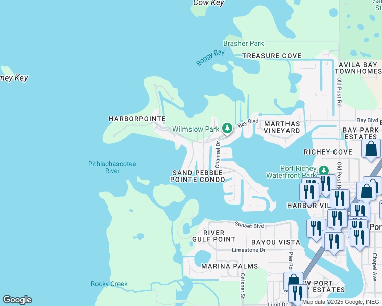 map of restaurants, bars, coffee shops, grocery stores, and more near 8211 Brent Street in Port Richey
