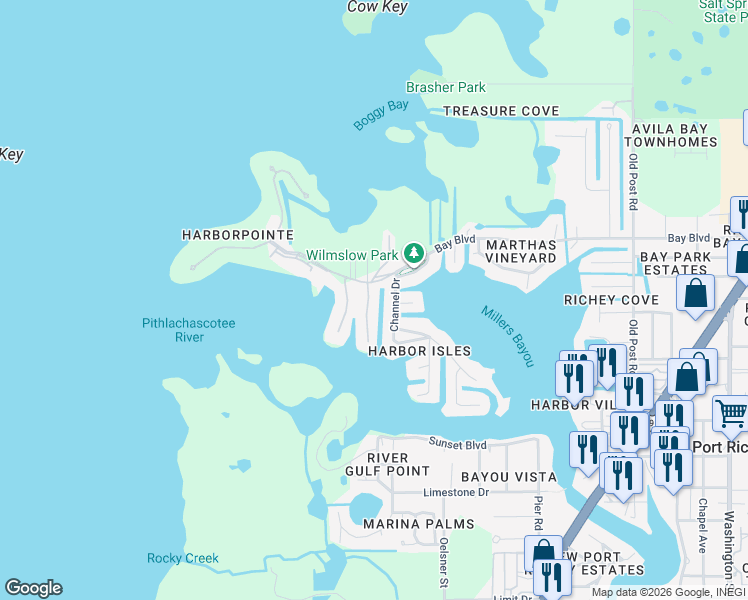 map of restaurants, bars, coffee shops, grocery stores, and more near Bay Boulevard in Port Richey
