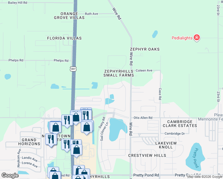 map of restaurants, bars, coffee shops, grocery stores, and more near 38363 Springhead Lane in Zephyrhills