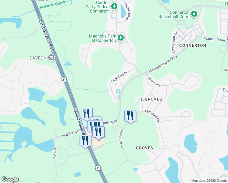 map of restaurants, bars, coffee shops, grocery stores, and more near 8214 Lagerfeld Drive in Land O' Lakes