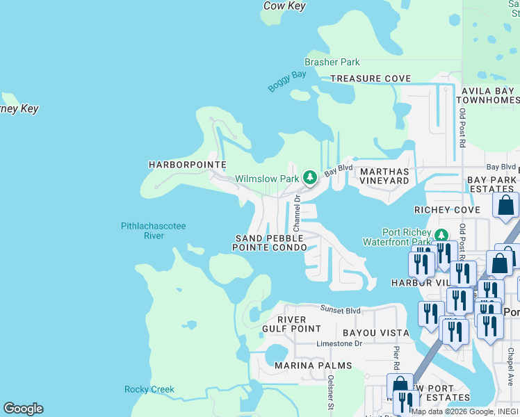 map of restaurants, bars, coffee shops, grocery stores, and more near 8251 Brent Street in Port Richey