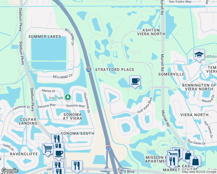 map of restaurants, bars, coffee shops, grocery stores, and more near 2567 Canterbury Circle in Rockledge