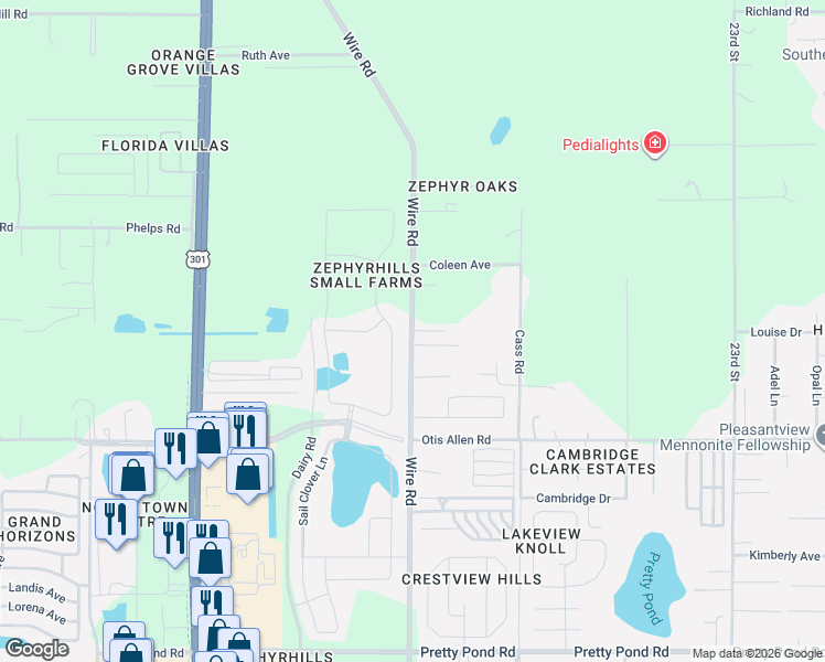 map of restaurants, bars, coffee shops, grocery stores, and more near 8236 Wire Road in Zephyrhills