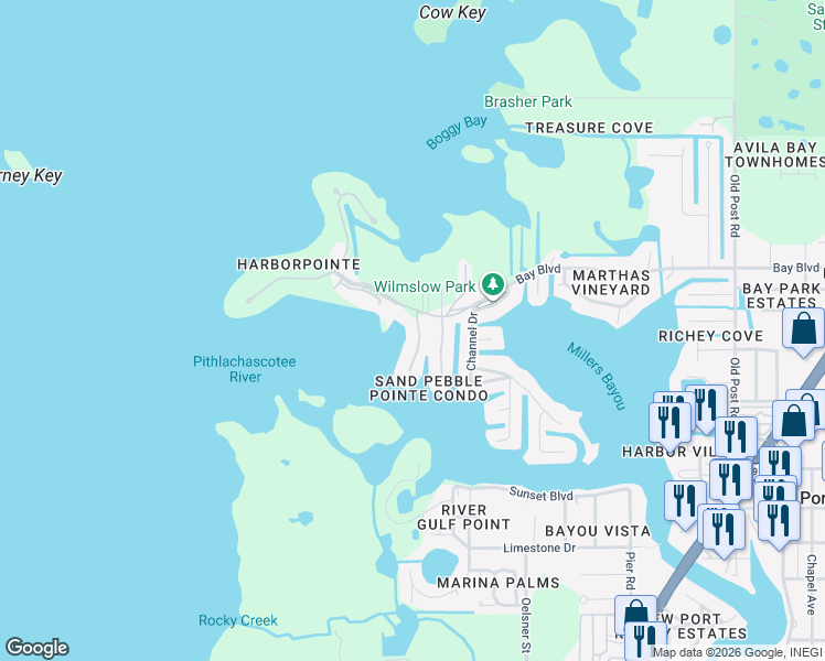 map of restaurants, bars, coffee shops, grocery stores, and more near 4650 Bay Boulevard in Port Richey