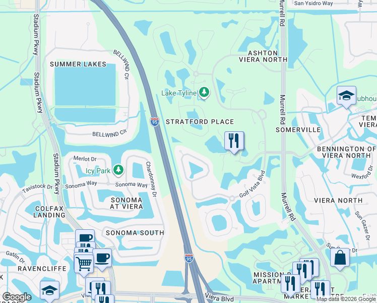 map of restaurants, bars, coffee shops, grocery stores, and more near 2567 Canterbury Circle in Rockledge