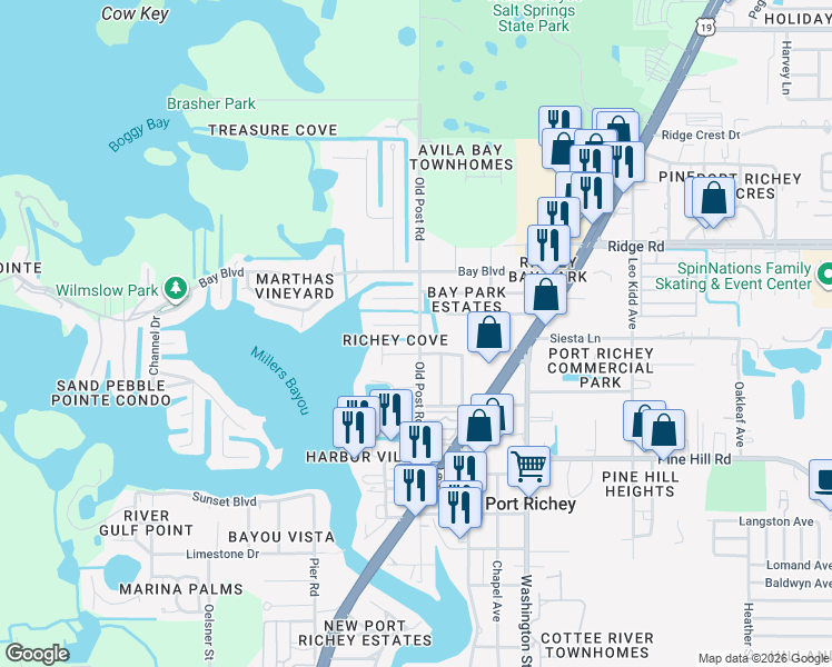 map of restaurants, bars, coffee shops, grocery stores, and more near 8318 Old Post Road in Port Richey