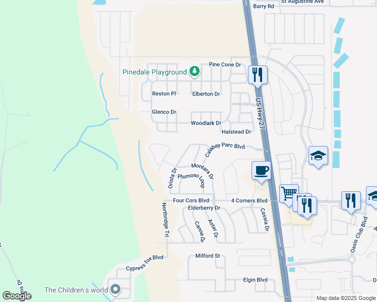 map of restaurants, bars, coffee shops, grocery stores, and more near 316 Orista Drive in Davenport