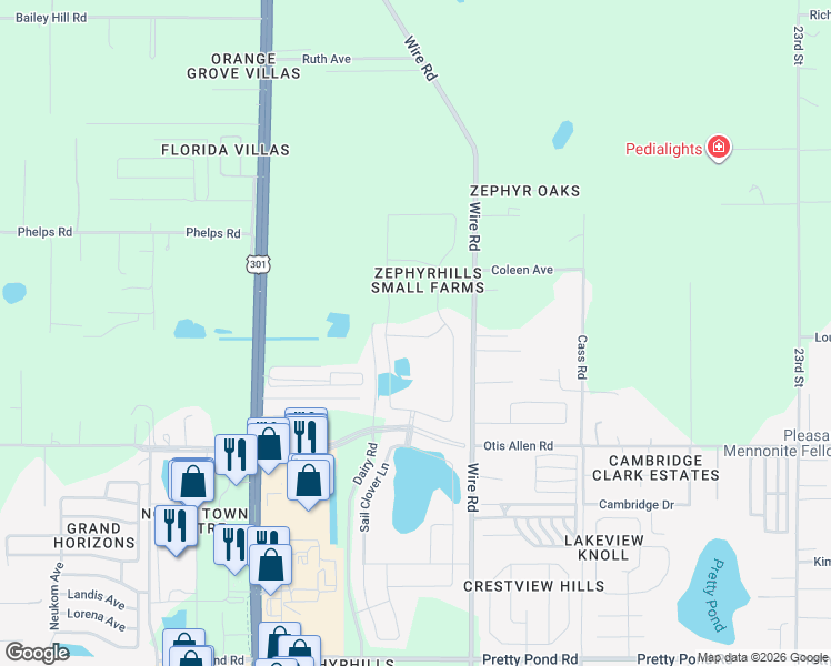 map of restaurants, bars, coffee shops, grocery stores, and more near 38363 Springhead Lane in Zephyrhills