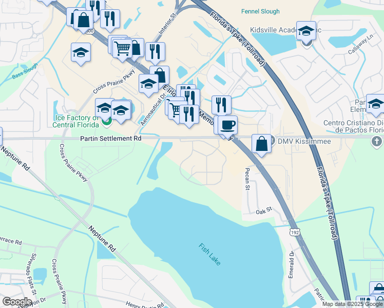 map of restaurants, bars, coffee shops, grocery stores, and more near 1104 Cobblestone Circle in Kissimmee