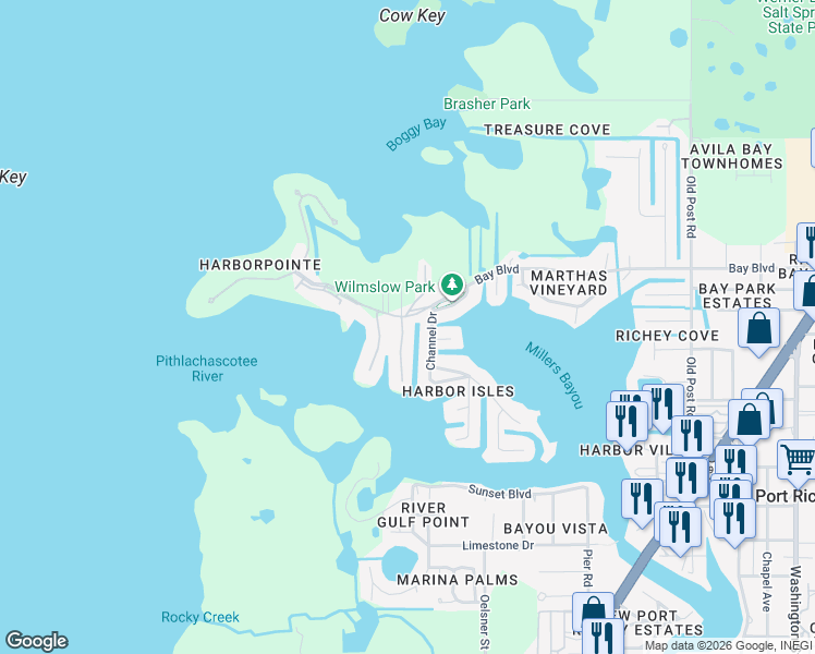 map of restaurants, bars, coffee shops, grocery stores, and more near Bay Boulevard in Port Richey