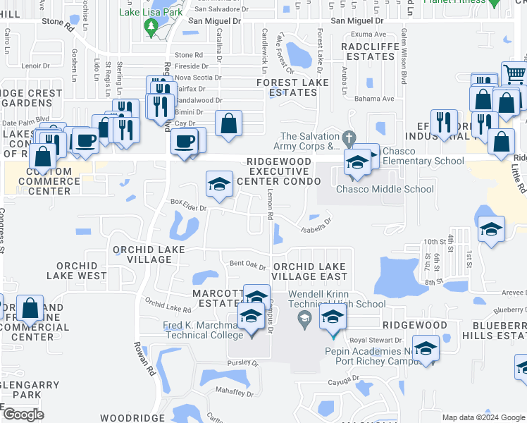 map of restaurants, bars, coffee shops, grocery stores, and more near 8316 Golden Bear Loop in Port Richey
