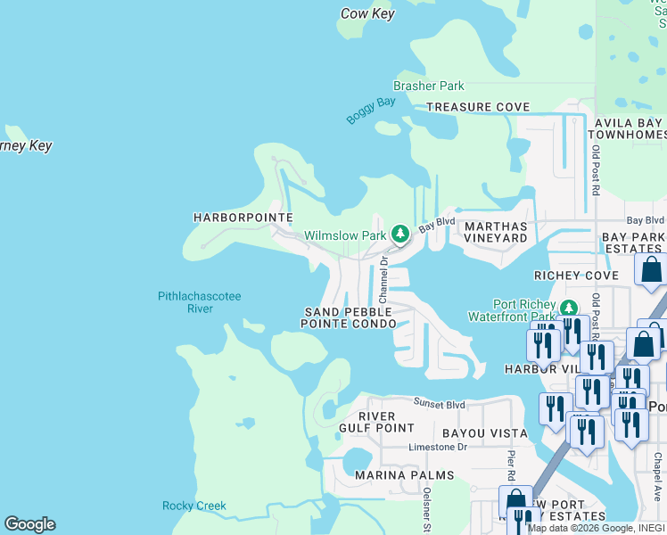 map of restaurants, bars, coffee shops, grocery stores, and more near 4650 Bay Boulevard in Port Richey