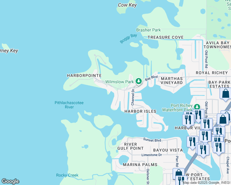 map of restaurants, bars, coffee shops, grocery stores, and more near 8251 Brent Street in Port Richey