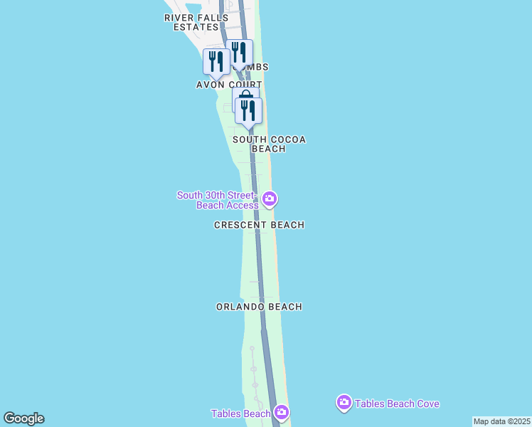 map of restaurants, bars, coffee shops, grocery stores, and more near 2955 South Atlantic Avenue in Cocoa Beach