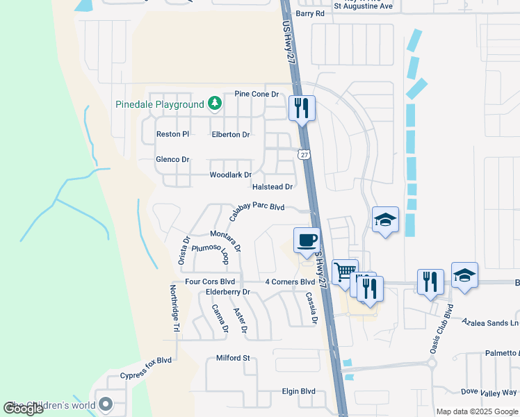 map of restaurants, bars, coffee shops, grocery stores, and more near 263 Calabay Parc Boulevard in Davenport