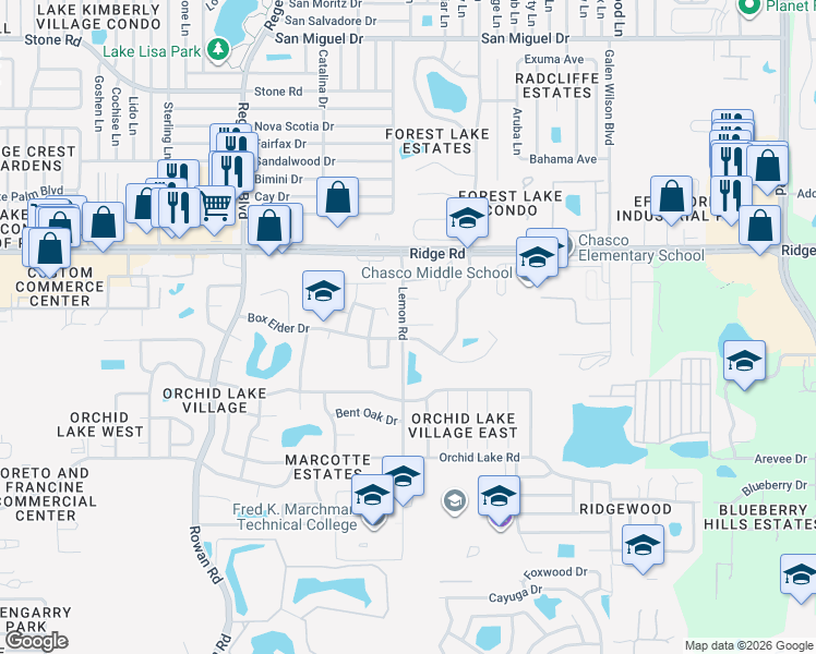 map of restaurants, bars, coffee shops, grocery stores, and more near 7505 Bazsuly Court in Port Richey