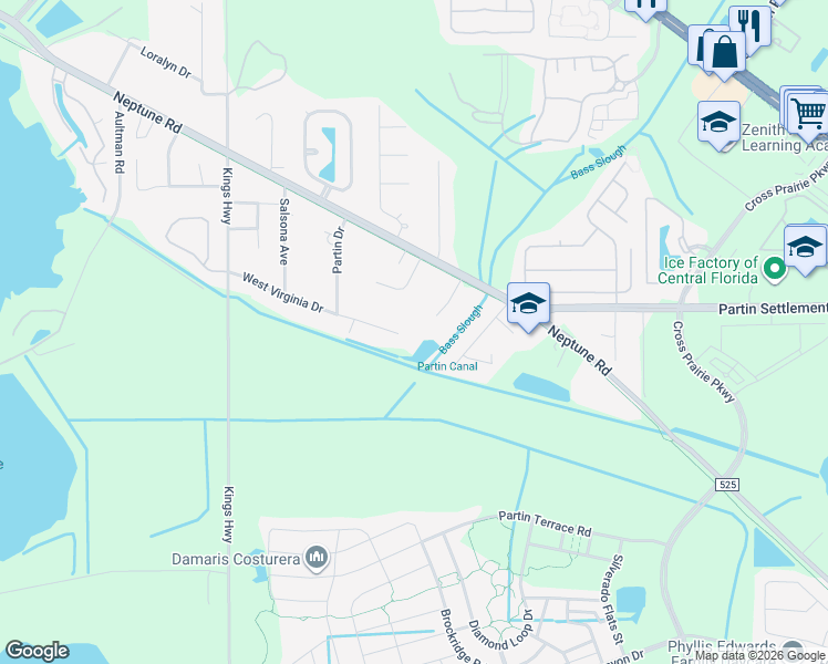 map of restaurants, bars, coffee shops, grocery stores, and more near 1841 West Virginia Drive in Kissimmee