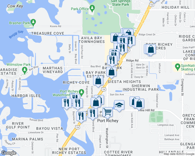 map of restaurants, bars, coffee shops, grocery stores, and more near 5650 Berlin Drive in Port Richey