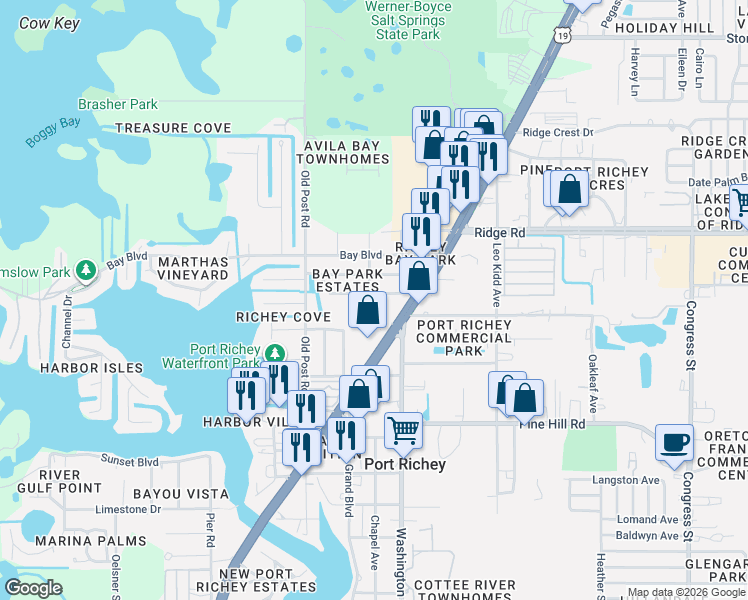 map of restaurants, bars, coffee shops, grocery stores, and more near 5650 Berlin Drive in Port Richey