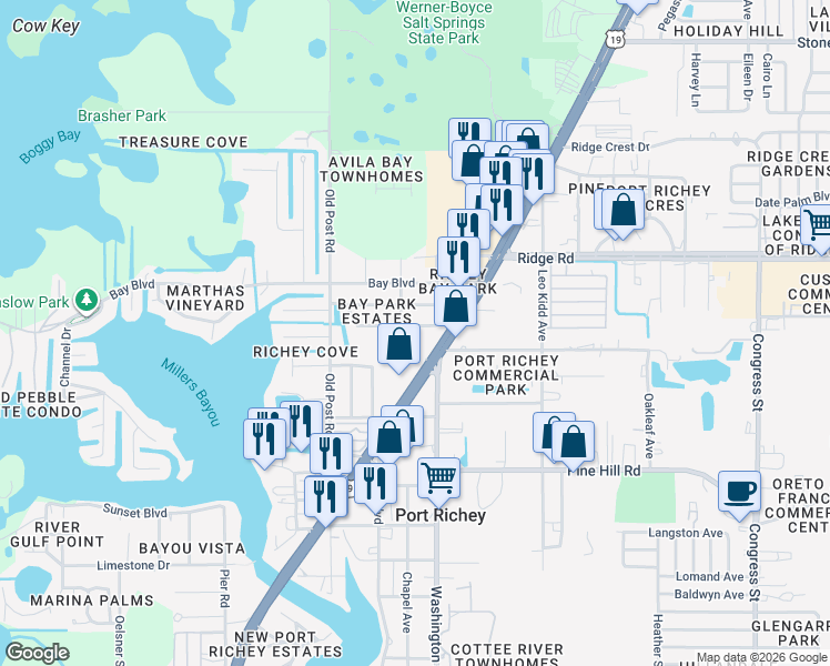 map of restaurants, bars, coffee shops, grocery stores, and more near 5650 Berlin Drive in Port Richey
