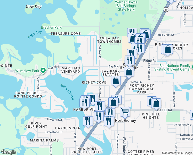 map of restaurants, bars, coffee shops, grocery stores, and more near 5411 Bluepoint Drive in Port Richey