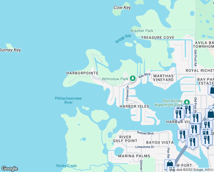 map of restaurants, bars, coffee shops, grocery stores, and more near 4650 Bay Boulevard in Port Richey