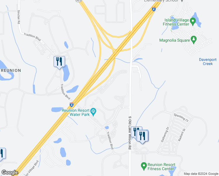 map of restaurants, bars, coffee shops, grocery stores, and more near 7614 Sandy Ridge Drive in Four Corners