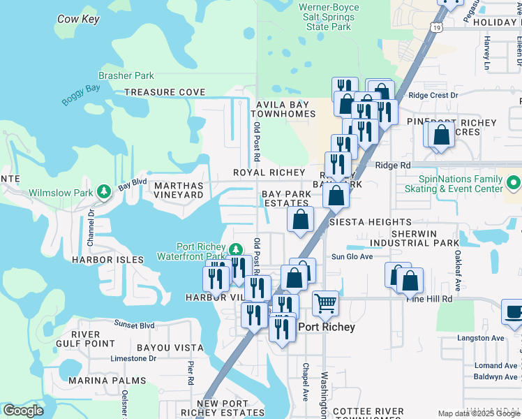 map of restaurants, bars, coffee shops, grocery stores, and more near 8318 Old Post Road in Port Richey
