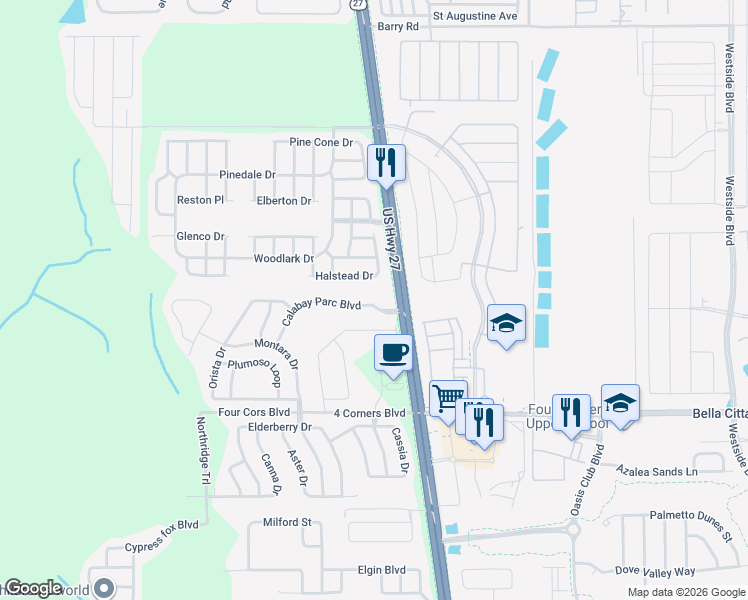map of restaurants, bars, coffee shops, grocery stores, and more near 120 Calabay Parc Boulevard in Davenport