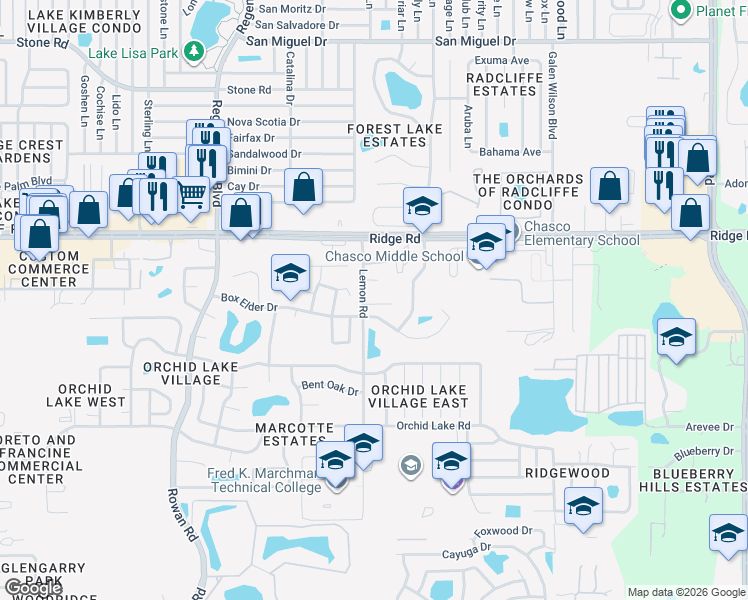 map of restaurants, bars, coffee shops, grocery stores, and more near 7511 Bazsuly Court in Port Richey