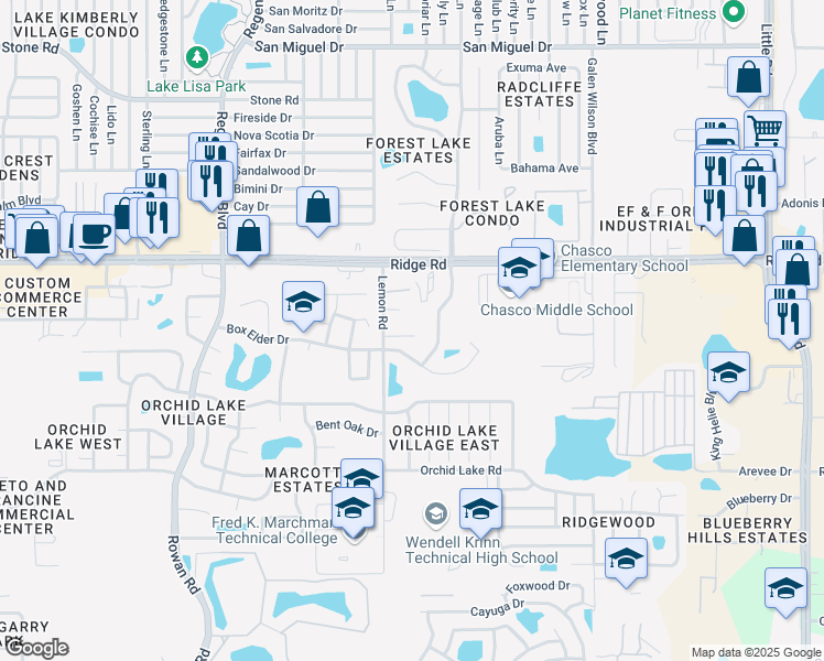 map of restaurants, bars, coffee shops, grocery stores, and more near 7527 Bazsuly Court in Port Richey