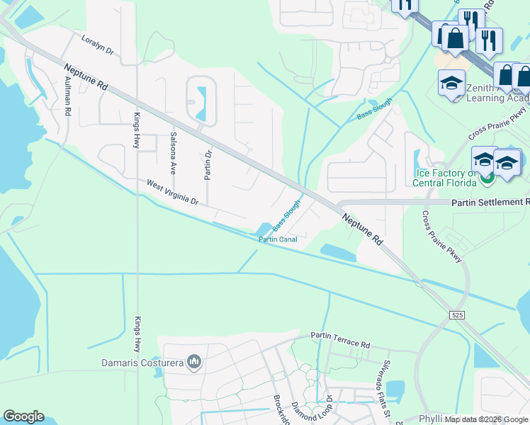 map of restaurants, bars, coffee shops, grocery stores, and more near 1841 West Virginia Drive in Kissimmee