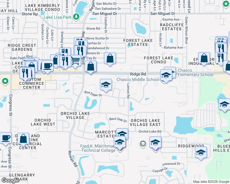 map of restaurants, bars, coffee shops, grocery stores, and more near 8316 Golden Bear Loop in Port Richey