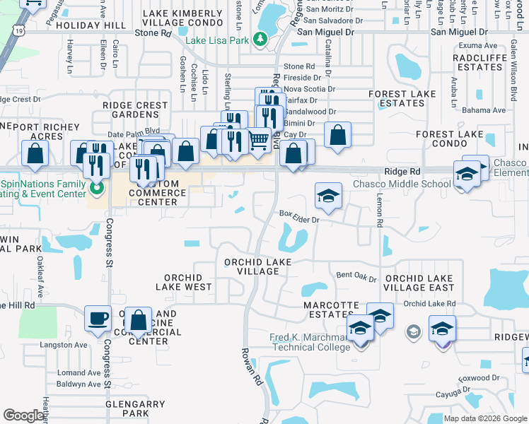 map of restaurants, bars, coffee shops, grocery stores, and more near 8308 Broken Willow Lane in Port Richey