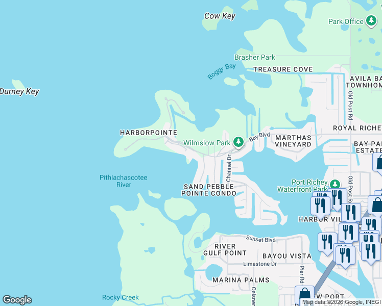 map of restaurants, bars, coffee shops, grocery stores, and more near 4650 Bay Boulevard in Port Richey