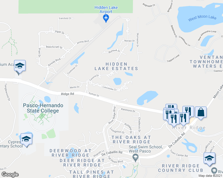 map of restaurants, bars, coffee shops, grocery stores, and more near 10815 Luscombe Court in New Port Richey