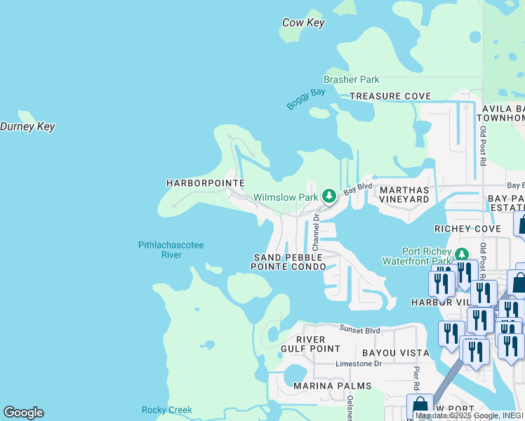 map of restaurants, bars, coffee shops, grocery stores, and more near 4650 Bay Boulevard in Port Richey