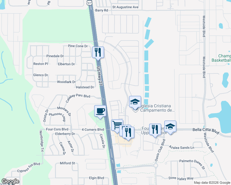 map of restaurants, bars, coffee shops, grocery stores, and more near 2768 Bella Vista Drive in Davenport