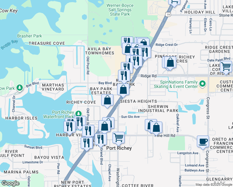 map of restaurants, bars, coffee shops, grocery stores, and more near 5650 Berlin Drive in Port Richey