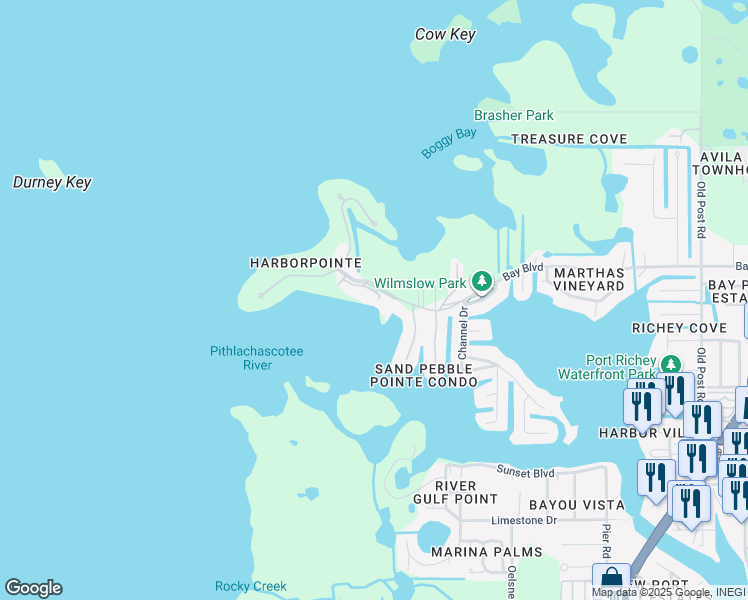 map of restaurants, bars, coffee shops, grocery stores, and more near 4620 Bay Boulevard in Port Richey