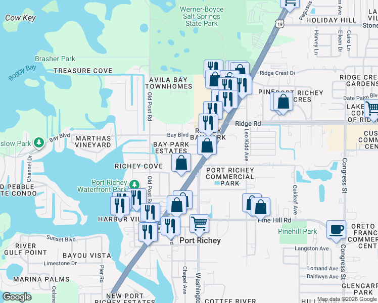 map of restaurants, bars, coffee shops, grocery stores, and more near 5650 Berlin Drive in Port Richey