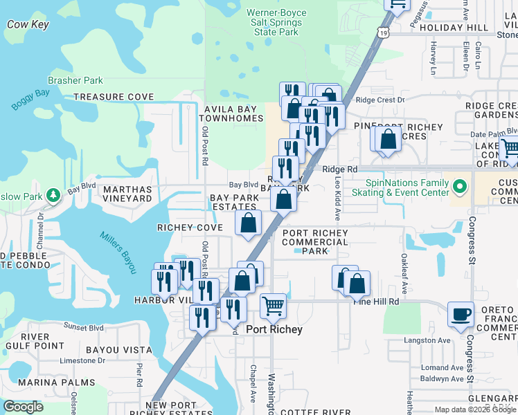 map of restaurants, bars, coffee shops, grocery stores, and more near 5650 Berlin Drive in Port Richey