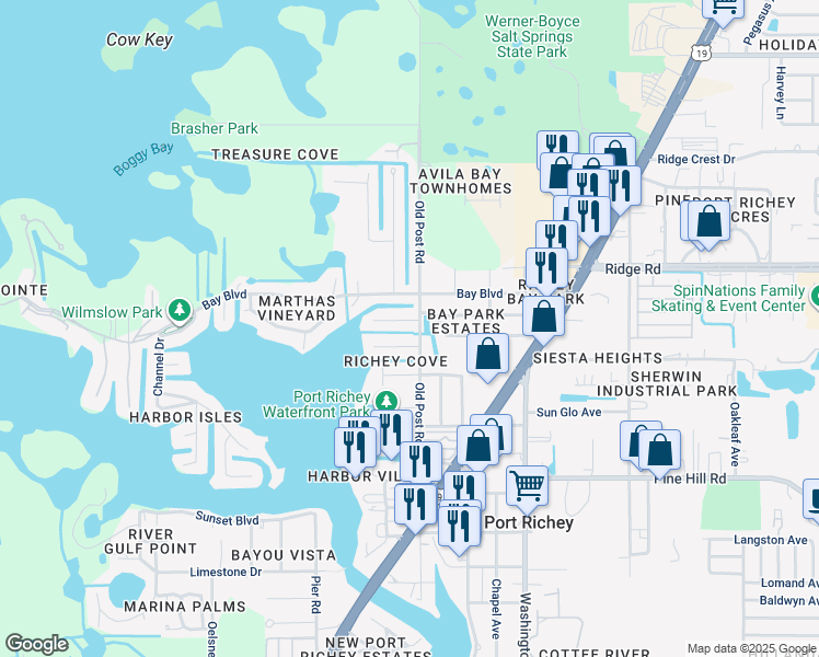 map of restaurants, bars, coffee shops, grocery stores, and more near 8318 Old Post Road in Port Richey