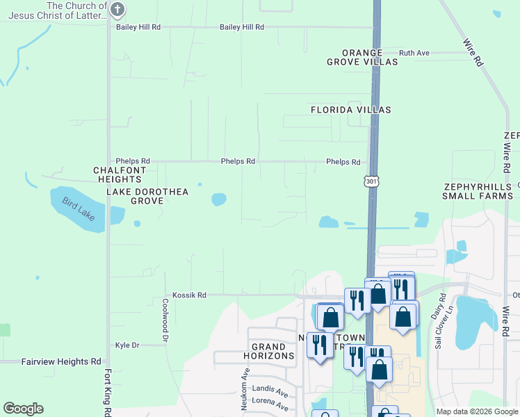 map of restaurants, bars, coffee shops, grocery stores, and more near 37442 Phelps Road in Zephyrhills